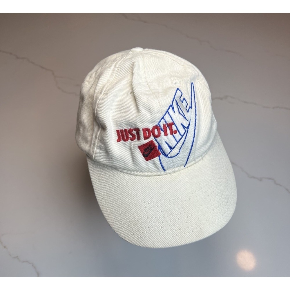 VTG Nike 'Just Do It' Embroidered W/ Logo Snapback Hat RARE Swoosh Logo White